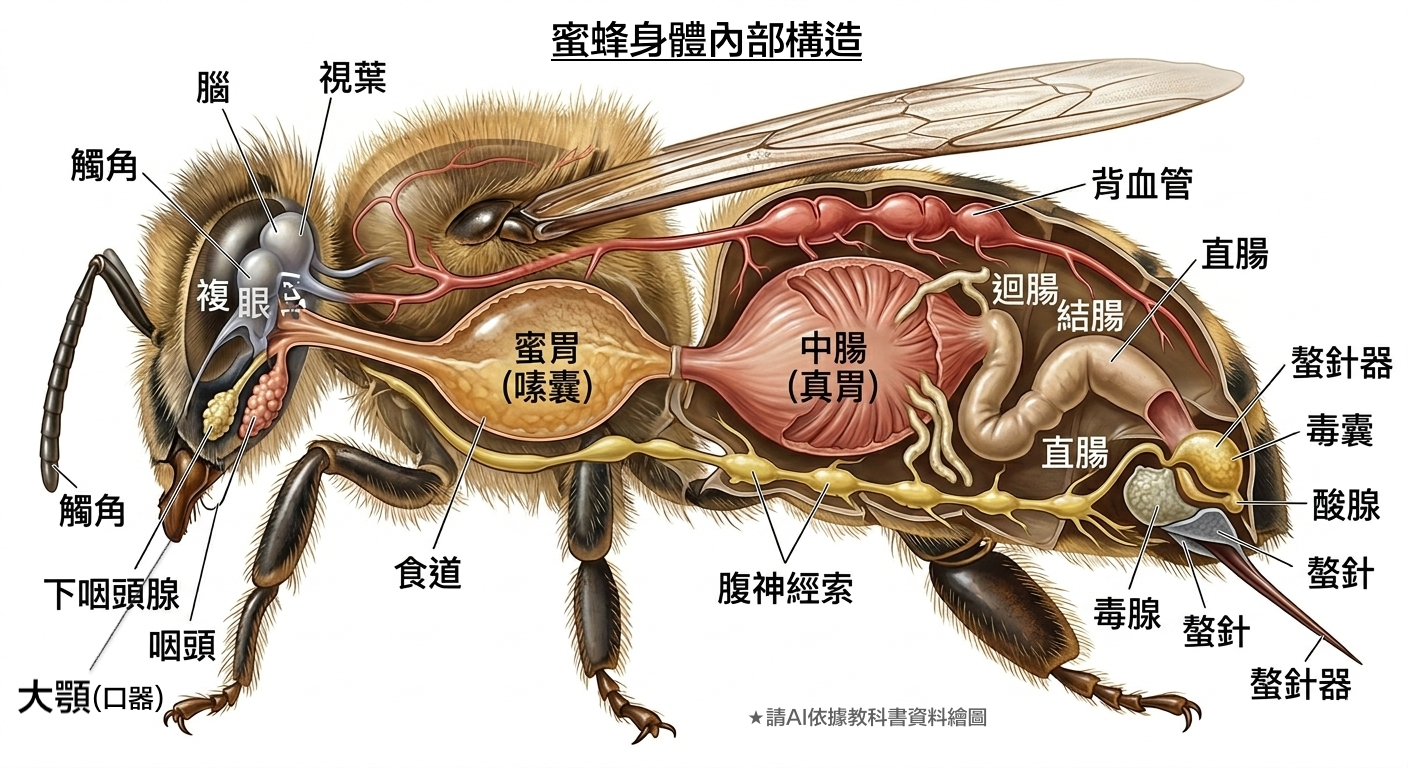 蜜蜂身體內部構造・蜜囊位置示意